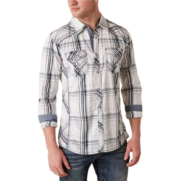 BKE Other - BKE Athletic Fit Snap Up Shirt Plaid White/Blue Mens XXXL